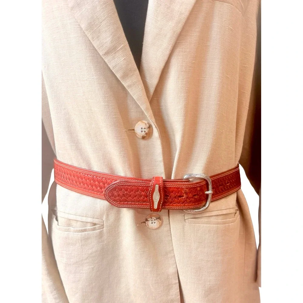 Justin Top Grain Cowhide Basketweave Leather Belt 36 USA Western 405N Brown